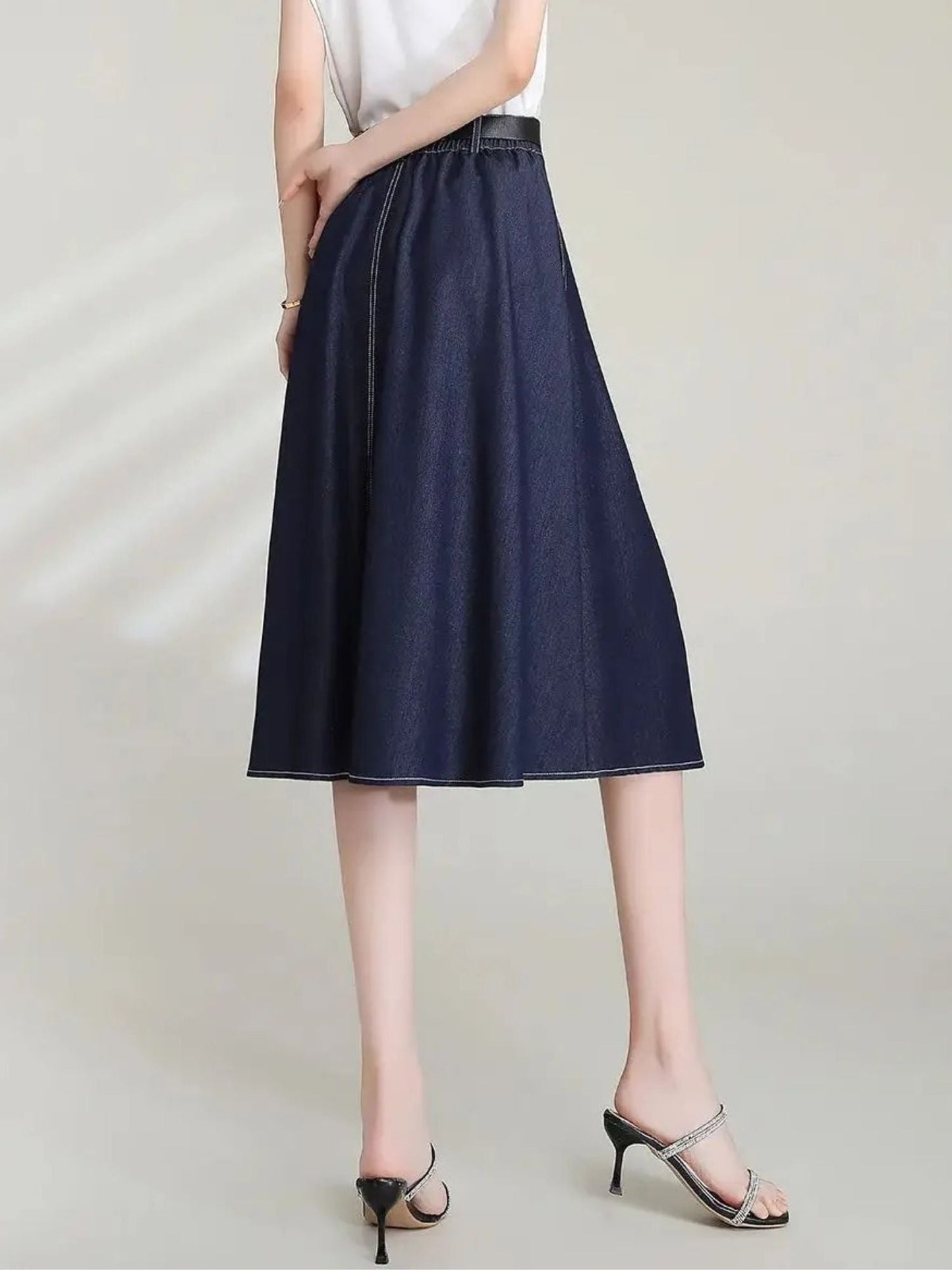 Retro Saia de Denim com Cintura Alta e Corte em A