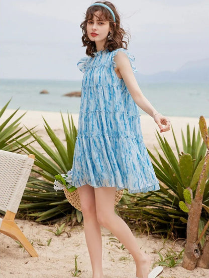 Mini vestido com corte A, padrão tie-dye e babados