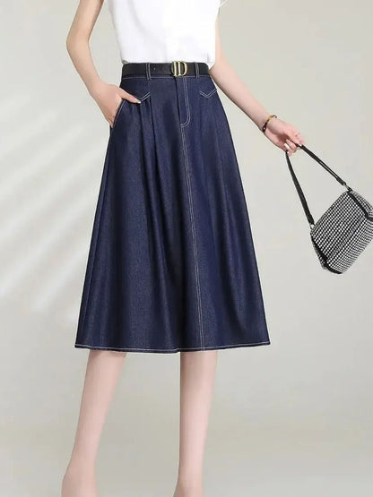 Retro Saia de Denim com Cintura Alta e Corte em A