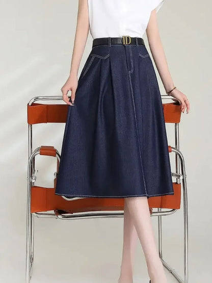 Retro Saia de Denim com Cintura Alta e Corte em A