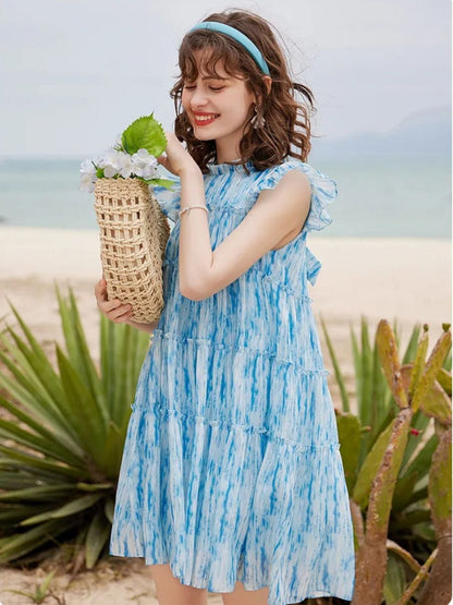Mini vestido com corte A, padrão tie-dye e babados