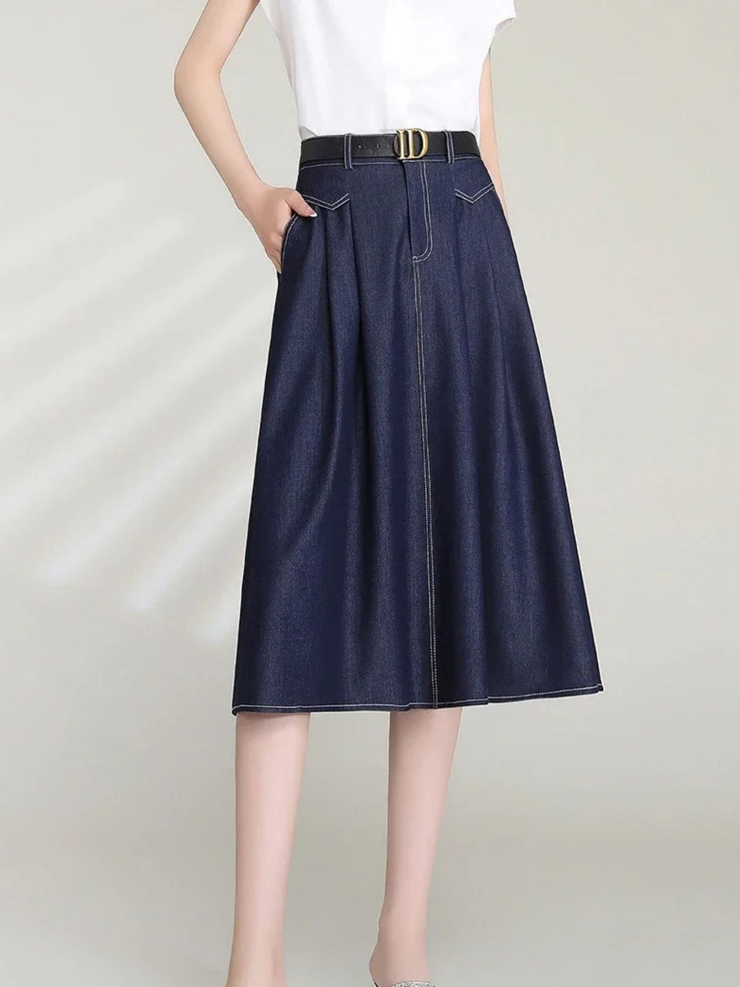 Retro Saia de Denim com Cintura Alta e Corte em A