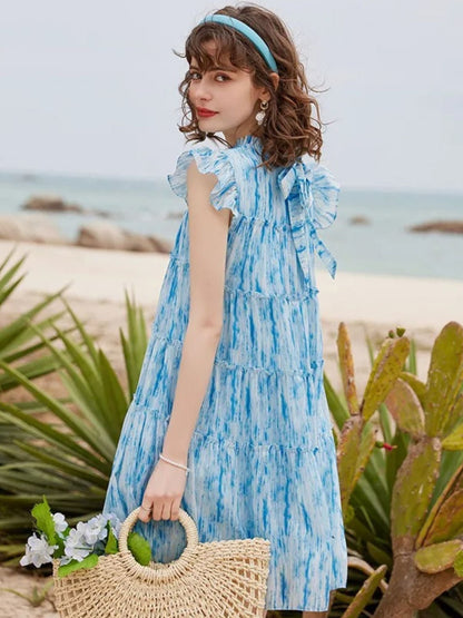 Mini vestido com corte A, padrão tie-dye e babados