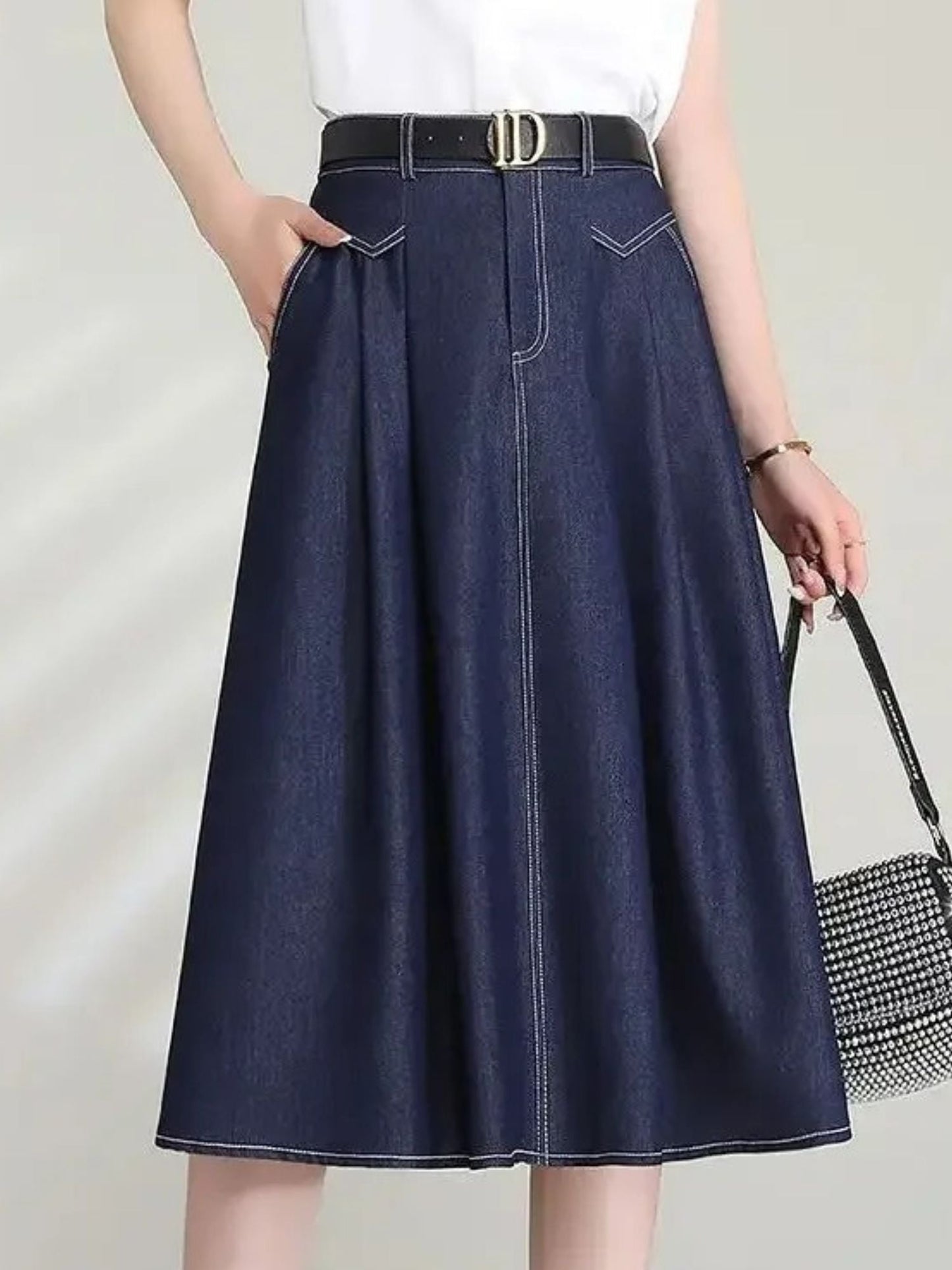 Retro Saia de Denim com Cintura Alta e Corte em A