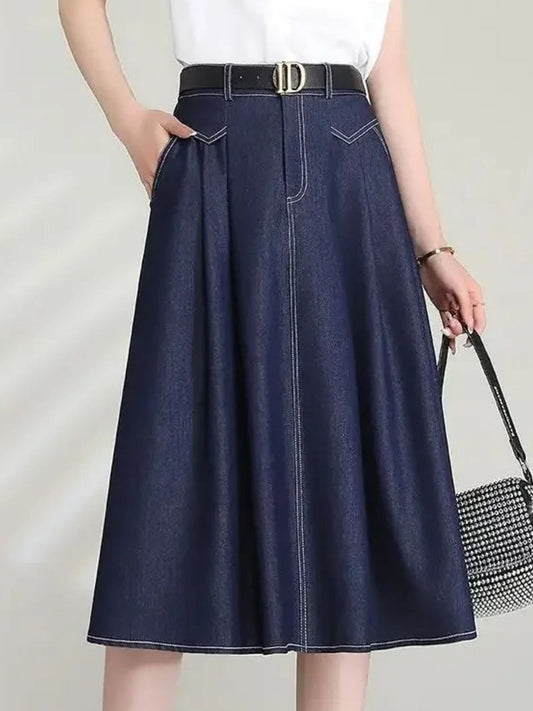 Retro Saia de Denim com Cintura Alta e Corte em A