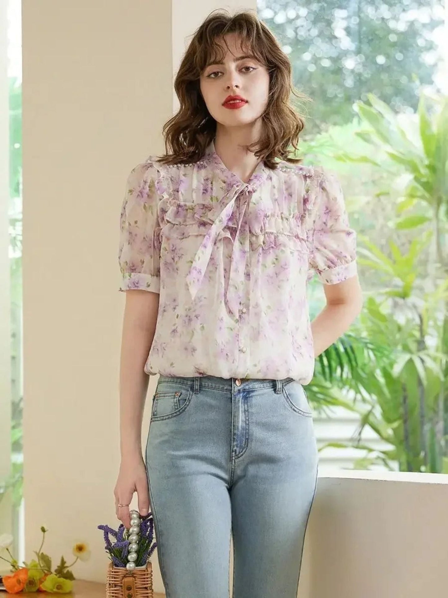 Camisa de manga curta com estampa de flores e detalhe de laço