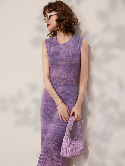 Vestido Midi Tricotado Sem Mangas com Corte em A