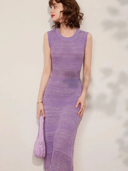 Vestido Midi Tricotado Sem Mangas com Corte em A