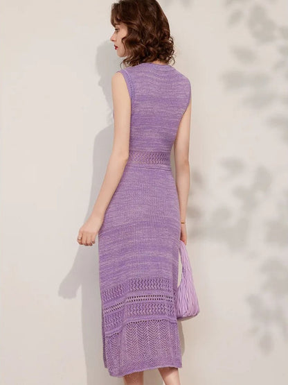 Vestido Midi Tricotado Sem Mangas com Corte em A