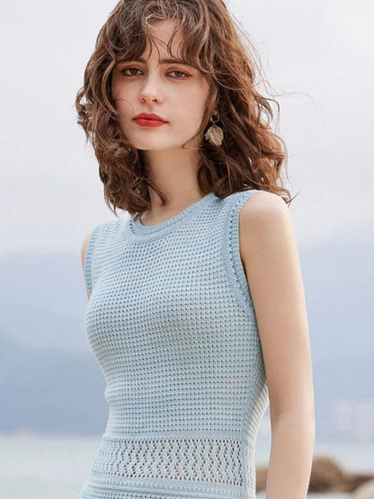 Vestido Midi Tricotado Sem Mangas com Corte em A
